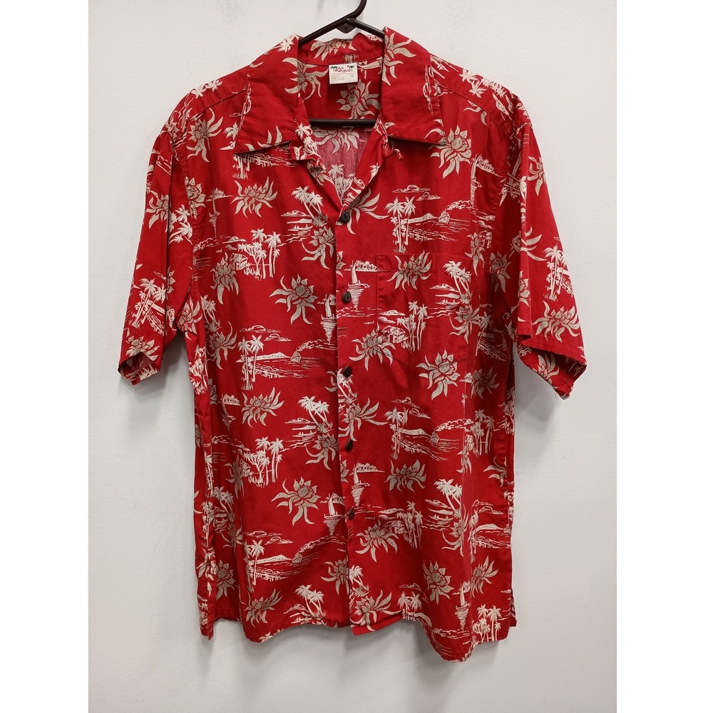 Vintage Go‎ Barefoot Hawaiian Shirt Mens XL Red Tropical Palm Tree Cotton Aloha